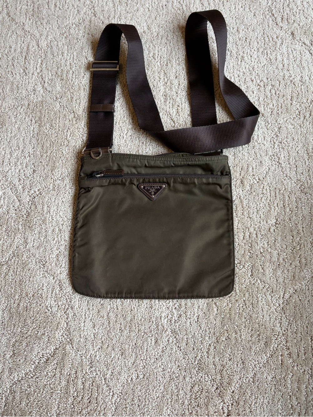 Prada Olive Nylon Messenger Bag with Dark Brown Strap